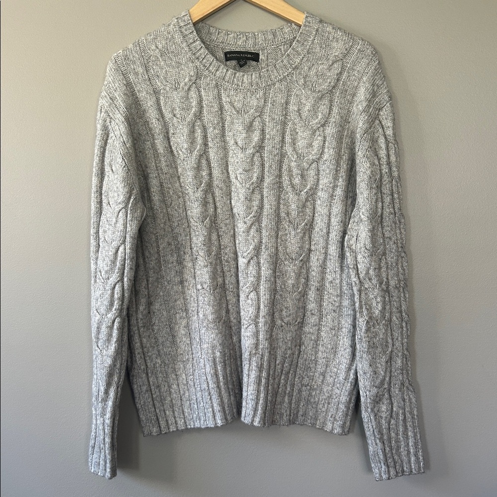 Banana Republic Cable‎ Knit Pullover Sweater Sz Large Heathered Gray Oatmeal